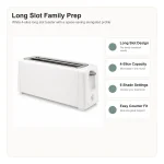 Feature highlights for long slot 4-slice toaster, including controls, bread fit, and everyday toaster use