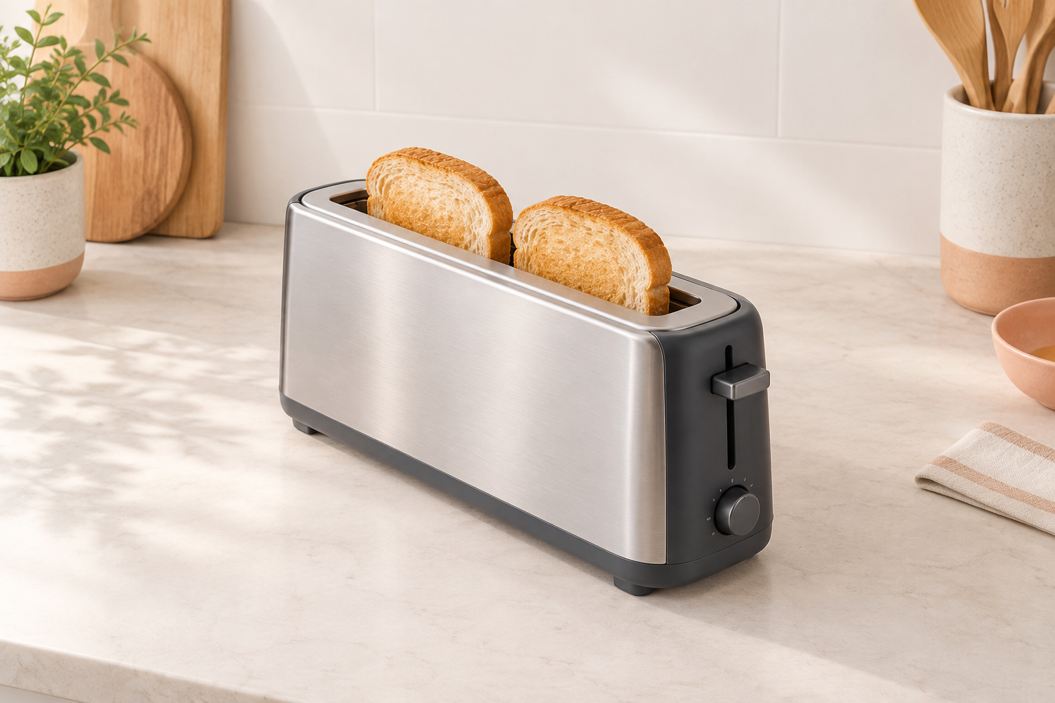 Concept illustration of a generic slim toaster with one long slot holding two bread slices side by side