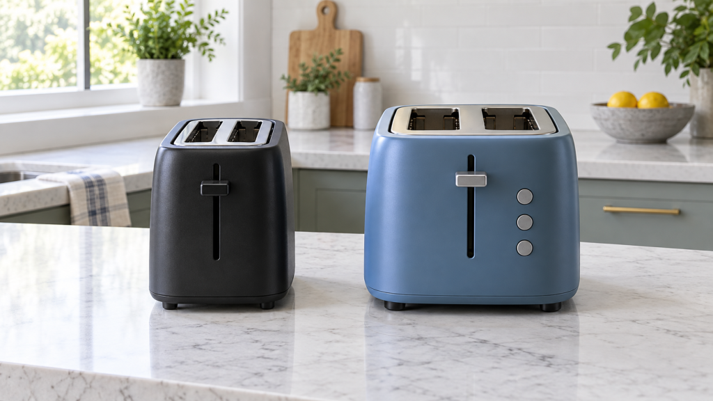 Generic black basic and blue extra-wide two-slice toasters on a kitchen counter