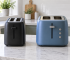 Generic black basic and blue extra-wide two-slice toasters on a kitchen counter